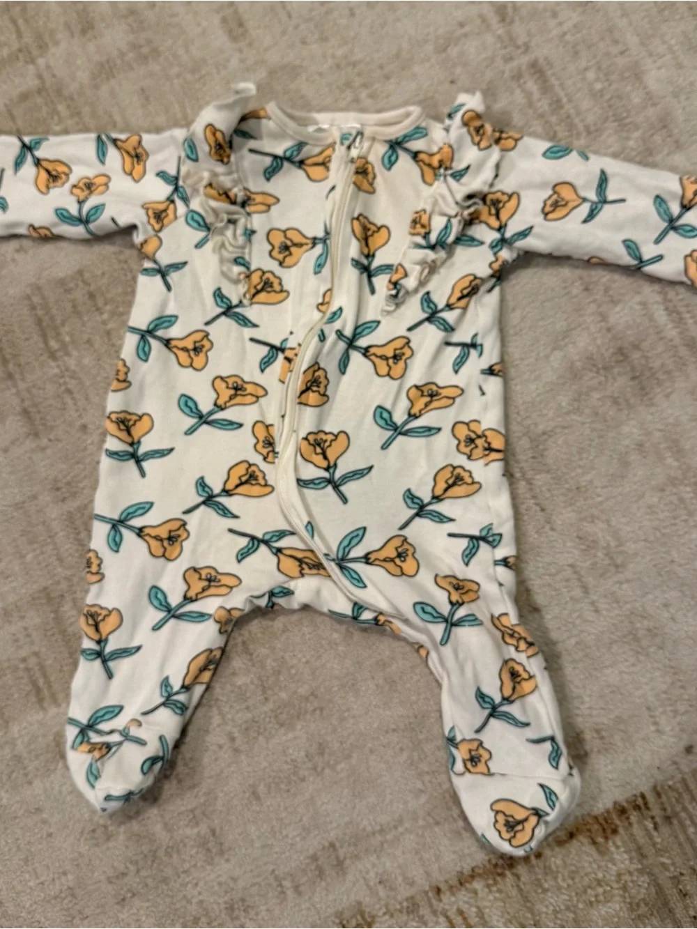 Jessica Simpson Yellow Floral Footed One-Piece with Teal Leaves